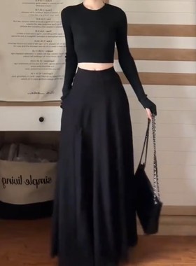 春季新款黑色伯克利半裙女大码显瘦遮肚a字到脚踝半身超长裙子潮