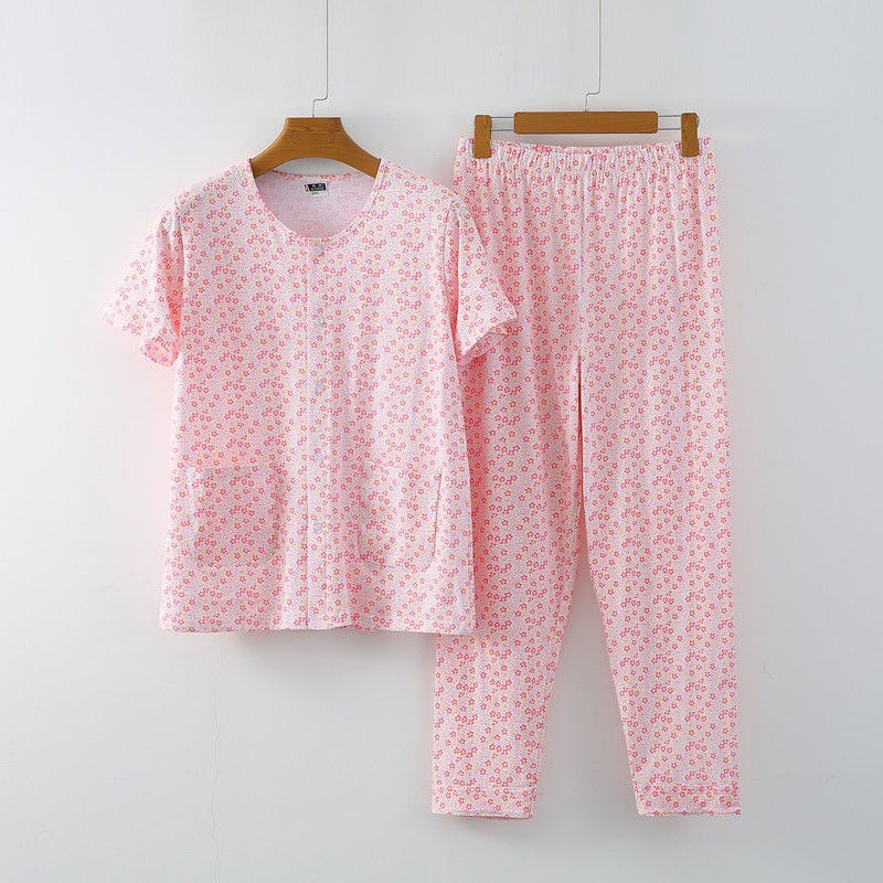 中老年妈妈开衫女士短袖大码睡衣睡裤家居服套装纯棉薄款空调衫夏