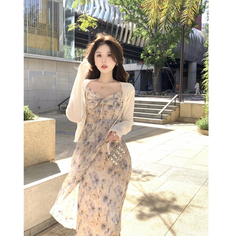 大码胖mm度假风法式碎花吊带连衣裙春季新款复古收腰时尚系带裙子
