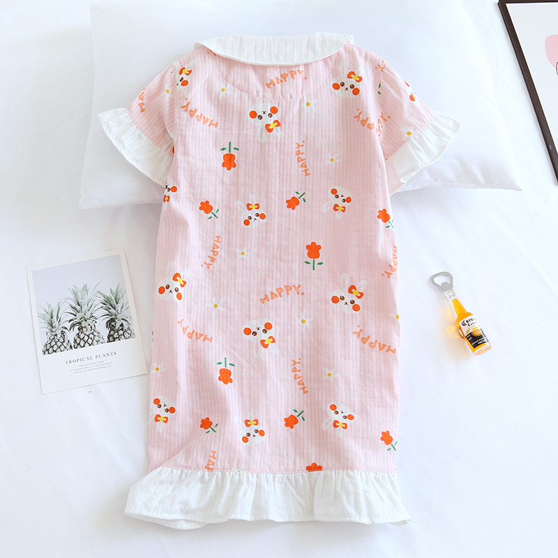 可爱花朵兔儿童夏季薄纯棉纱布女童短袖睡裙宝宝娃娃领全棉家居裙