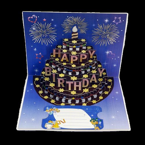 巧克力七彩灯光音乐吹蜡烛蛋糕3D立体卡片贺卡纸雕镂空印刷祝福语