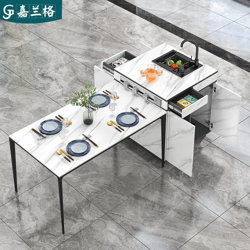 定制岩板岛台餐桌一体小户型轻奢开放式厨房中岛台单独带水槽吧台