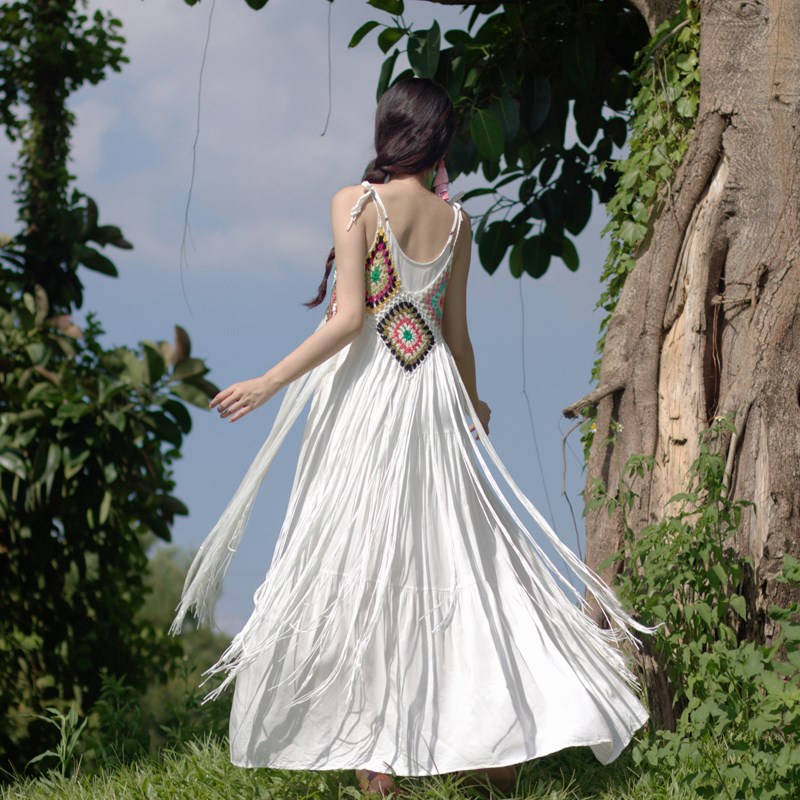 白色波西米亚度假旅游复古宽松蛋糕裙连衣裙海边沙滩吊带海滩收腰