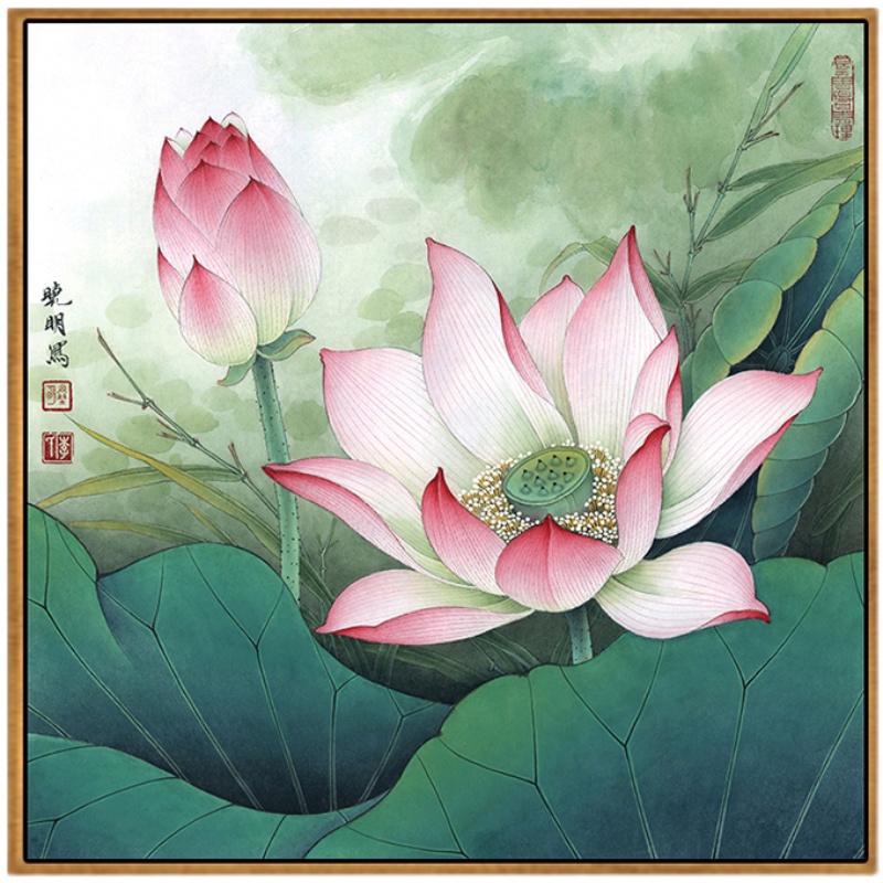 荷花装饰画玄关挂画新中式禅意茶室方形莲花图客厅入户背景墙壁画图片