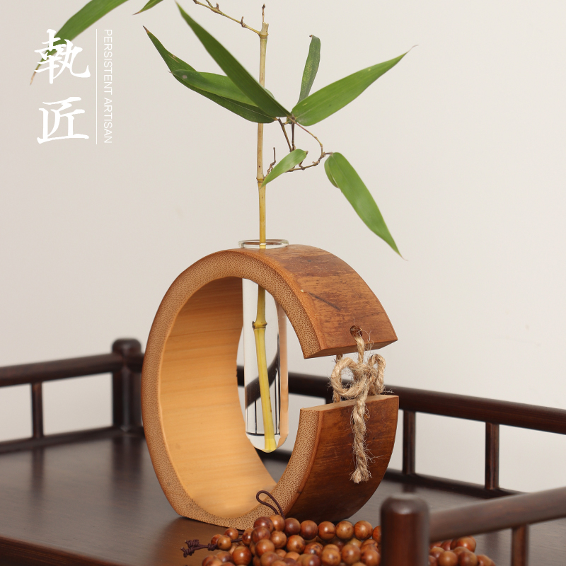 复古创意水培竹制小花瓶迷你花器插花干花禅意茶道桌面摆件新中式