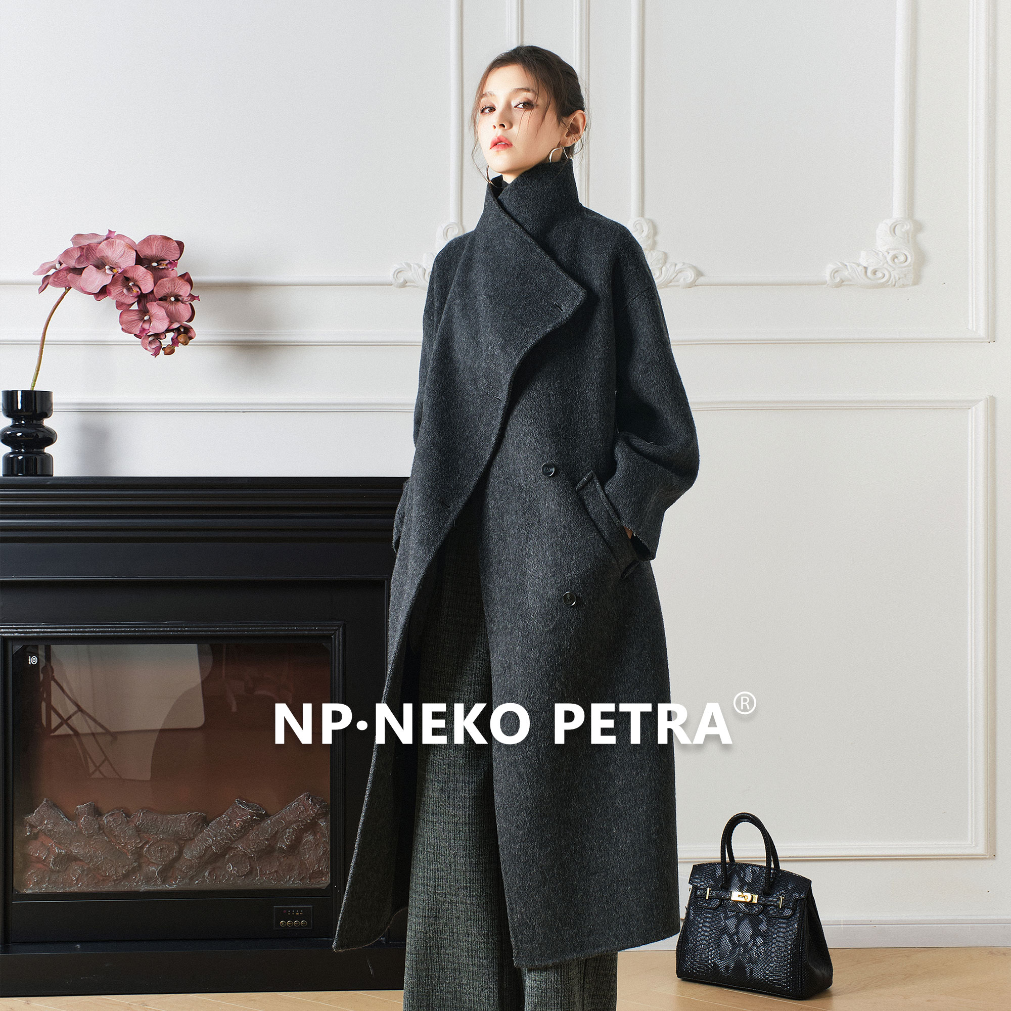 NekoPetra高级感双面羊绒大衣女冬长款大翻领/立领纯羊毛呢子外套