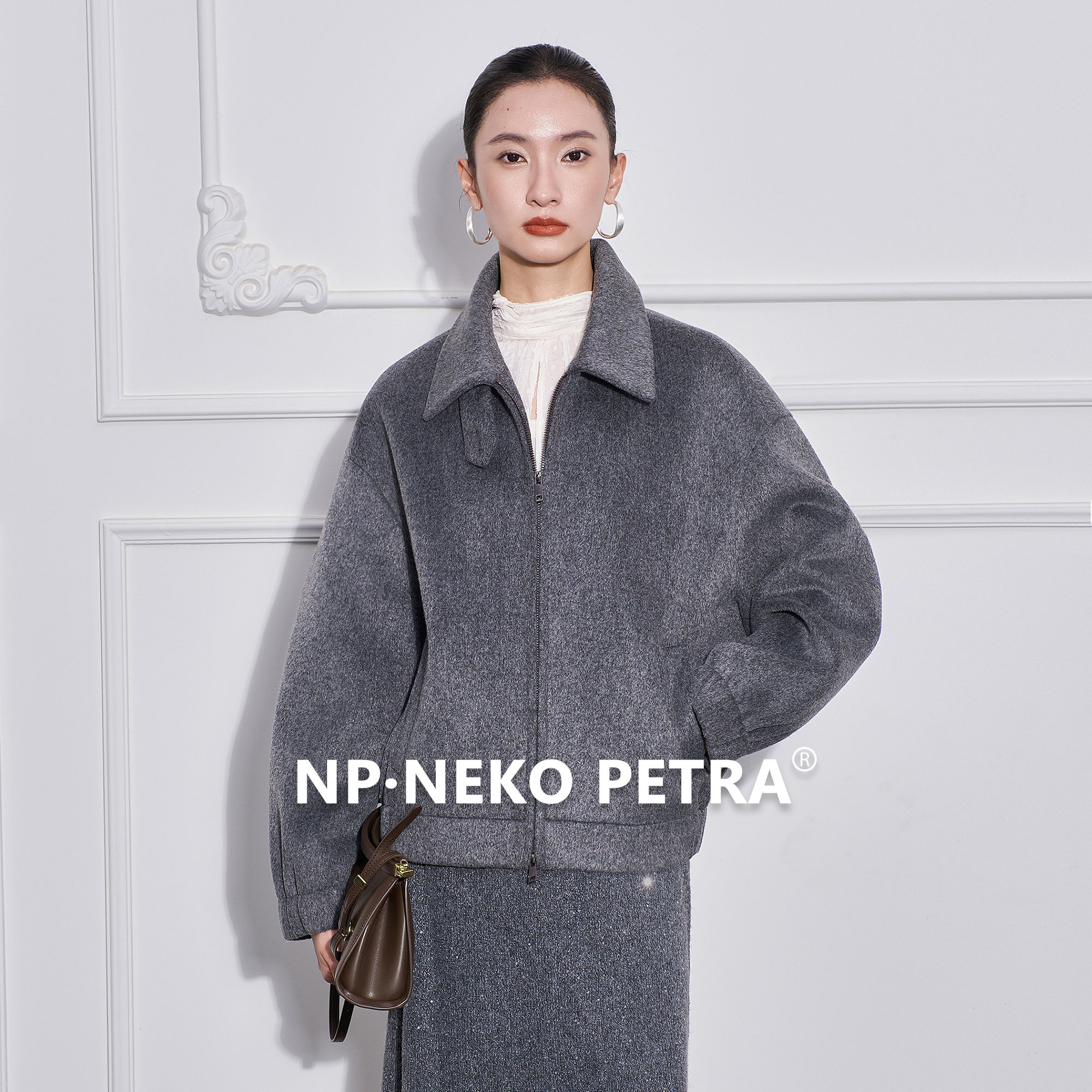 Neko Petra空气感弯刀袖双头拉链金线灰色毛呢外套女秋冬宽松绒感