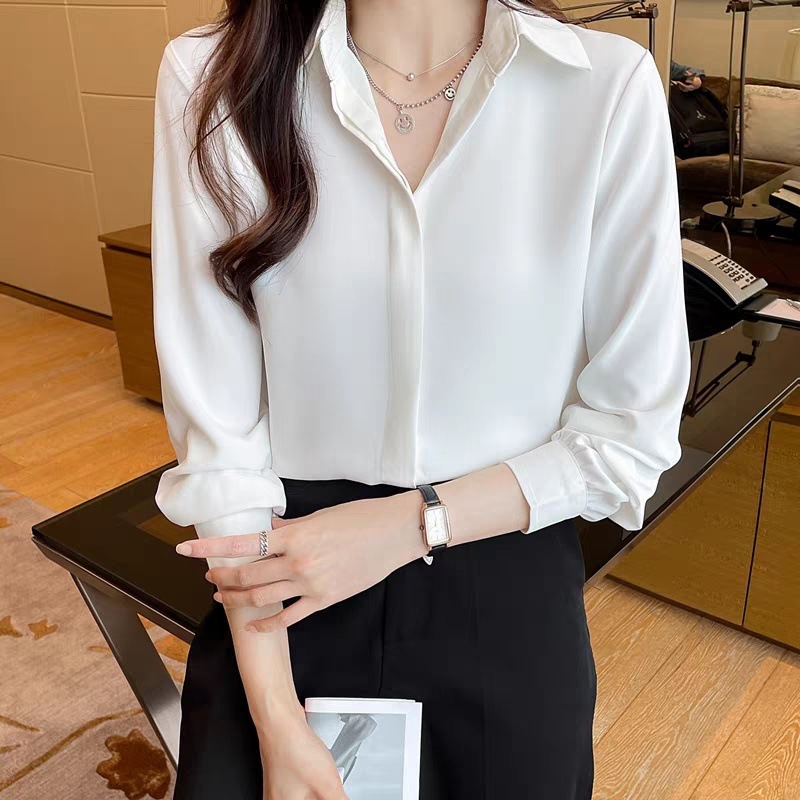 春季新款白衬衫女职业长袖雪纺面试教资正装衬衣工作服宽松上衣