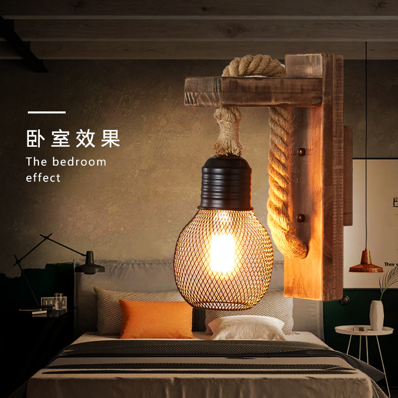 美式乡村创意实木头怀旧复古壁灯客厅单头实木餐厅酒吧工业风壁灯