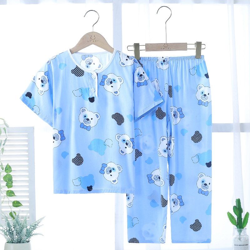 夏季绵绸儿童睡衣套装纯棉绸大童男童女童小孩宝宝睡衣薄款家居服