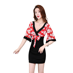 日式工装裙气质改良和服夜场洗浴按摩工衣性感桑拿足浴技师连衣裙