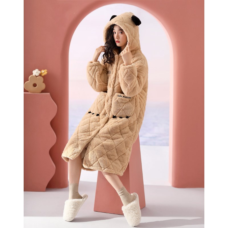 2022新款睡袍女冬季三层加厚加绒夹棉可爱睡衣长款珊瑚绒加棉浴袍