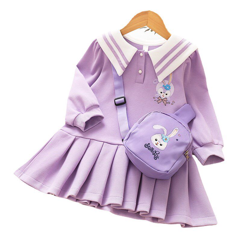 儿童装卡通卫衣连衣裙2022秋季新款女童宝宝休闲学院风裙子送包包