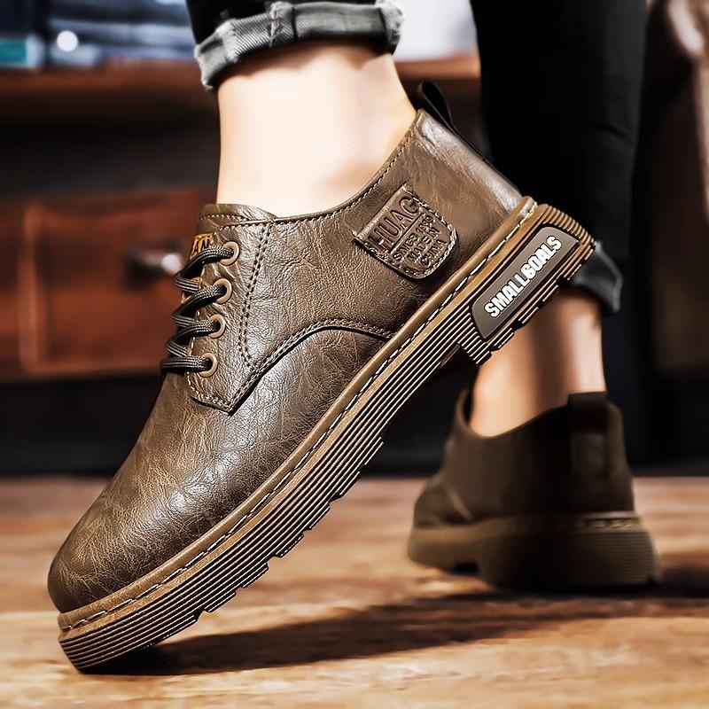 男士皮鞋夏季英伦棕色皮面圆头工装鞋复古百搭休闲工作上班马丁靴