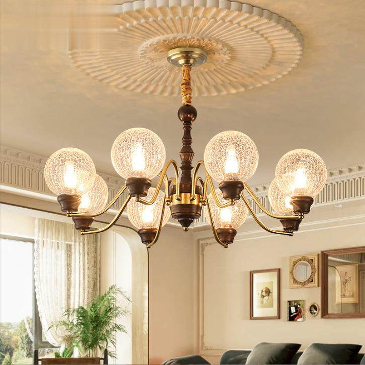 全铜美式复古客厅吊灯中古法式主灯实木玻璃胡桃木色卧室餐厅灯具