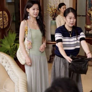 少夫人来自东北梁雯晶钱小卉同款 针织拼接网纱吊带连衣裙 绿色无袖