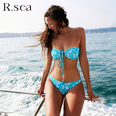 Rsea抹胸印花挂脖比基尼聚拢分体低腰三角沙滩度假温泉泳衣女