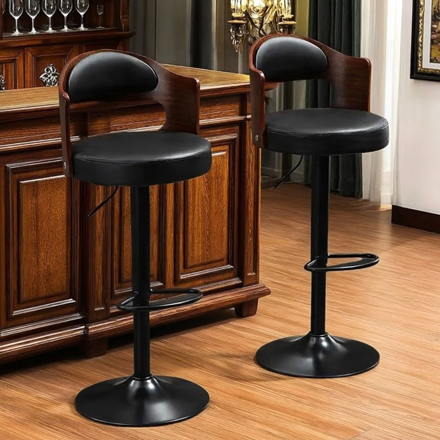 实木吧台椅家用可升降高脚凳欧式旋转靠背酒吧椅现代简约前台吧凳