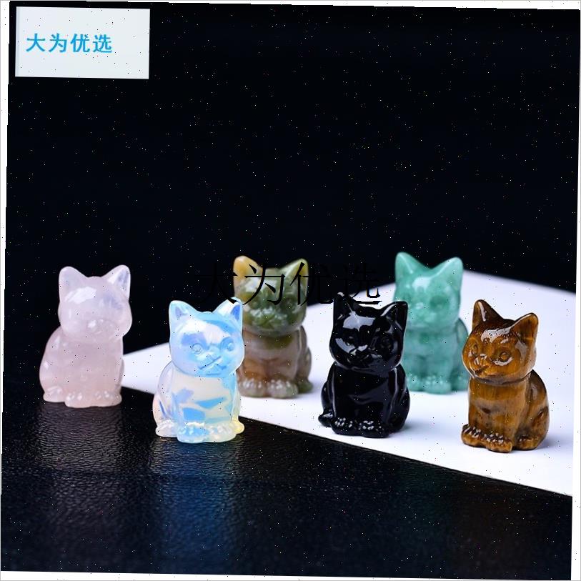 天然水晶招财猫雕k刻件水晶原石打磨猫咪家居桌面动物装饰摆件,