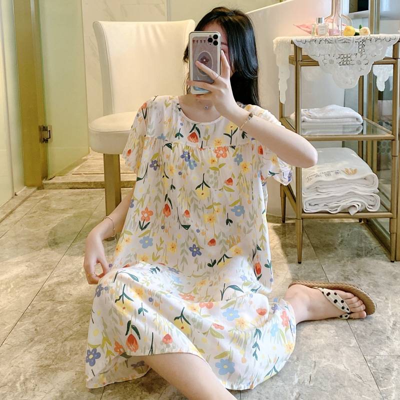 棉绸睡裙女夏季薄款短袖睡衣甜美