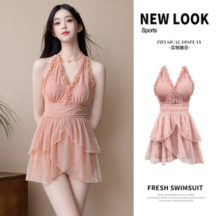 粉色高级感性感纯欲风露背女士游泳装 2025新款 连体泳衣女保守裙式