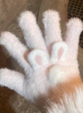 手套女冬季可爱兔子五指手套加绒加厚骑行保暖少女心小猫手套女生