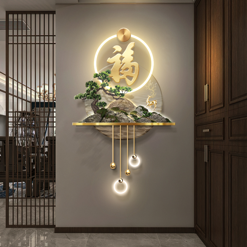 3D立体玄关装饰画走廊尽头新中式发财F树福字挂画过道led高档壁画
