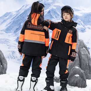 冬季儿童滑雪服套装拼色反光女款户外防风防水保暖冲锋衣中童男款