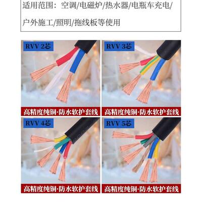 铜芯电缆线三相RVV软线2芯3芯4芯1 1.5 2.5 4 6平方护套线电源线