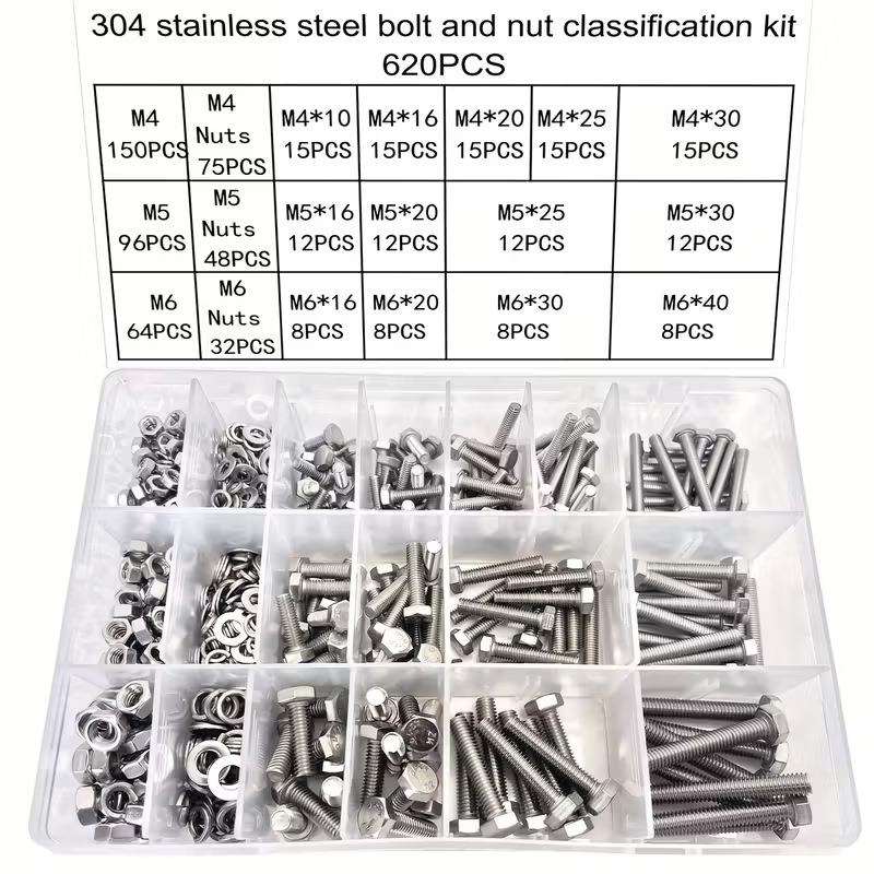 跨境盒装620pcs304不锈钢外六角螺栓组合六角头螺丝螺母套装temu