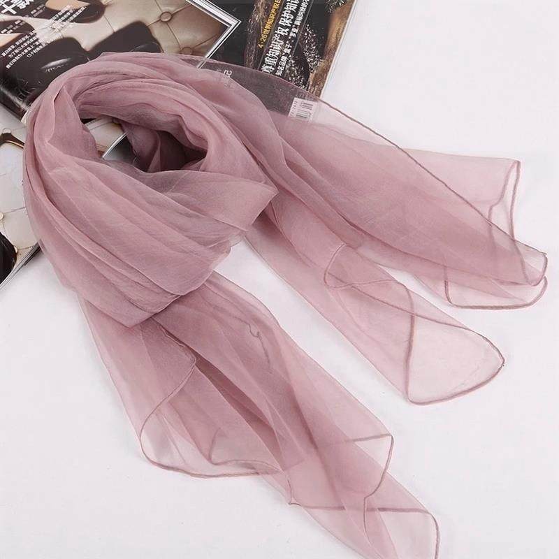 春秋百搭真丝桑蚕丝围巾女秋冬季长款妈妈丝巾韩版纯色纱巾薄款