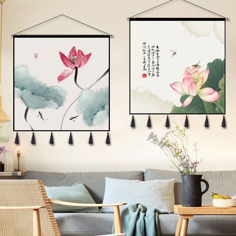 新中式九鱼图挂画布艺国画客厅沙发装饰画挂毯正方形餐厅壁画图片