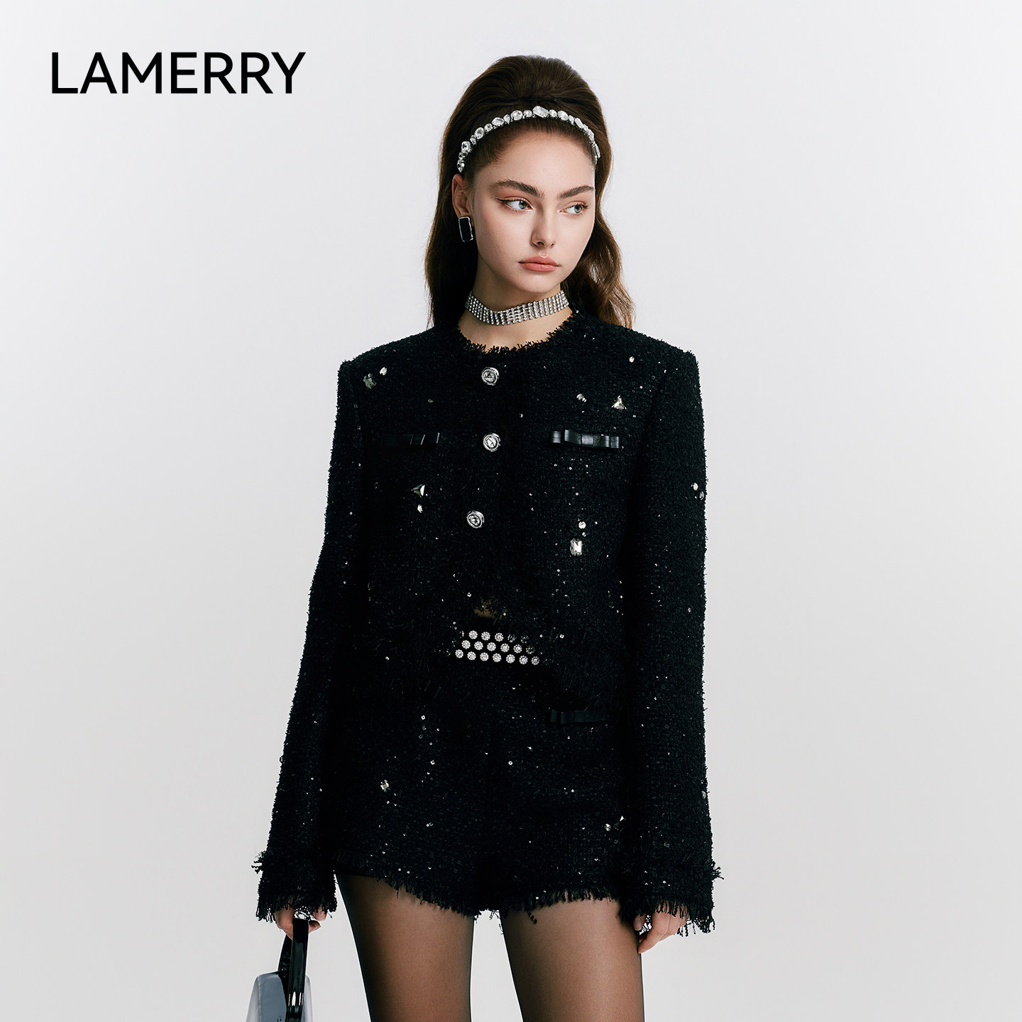 LAMERRY/朗美睿黑色亮丝珠片廓形小香外套高雅气质设计感垫肩新款,女装/女士精品,短外套,淘宝优惠券,粉丝福利购,淘宝优惠卷