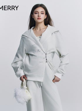 LAMERRY/朗美睿白色抓绒绒感外套重工连帽休闲卫衣开衫保暖25新款