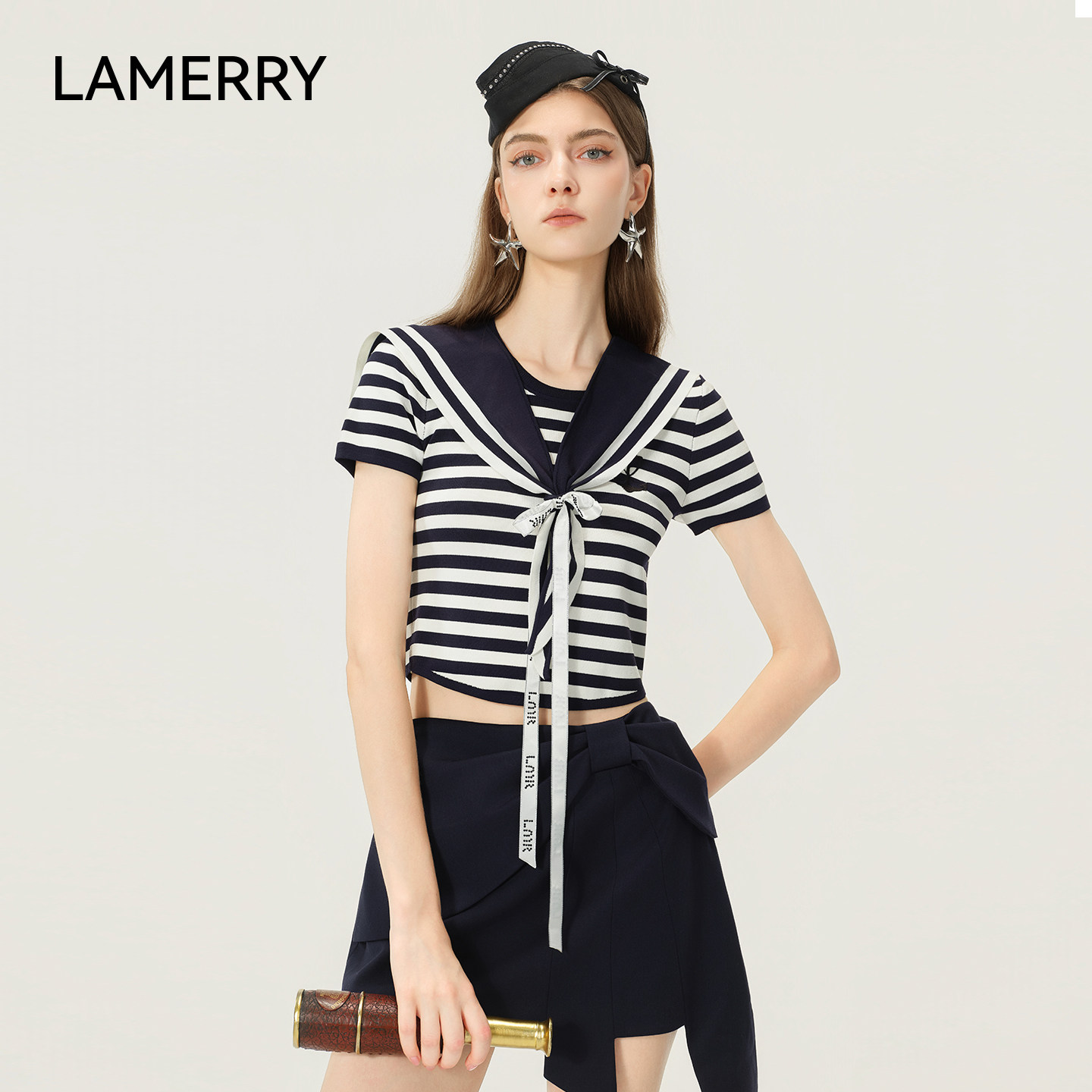 LAMERRY/朗美睿26夏蓝白/红白条纹针织衫海军领船锚刺绣短袖复古 - 实物图