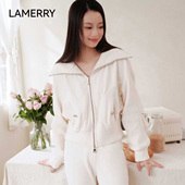 米白色大翻领row系卫衣拉链外套短款 LAMERRY 朗美睿咖啡 收腰大气
