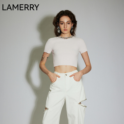 LAMERRY/朗美睿基础圆领短袖后背镂空针织衫女宽松百搭25春夏新品