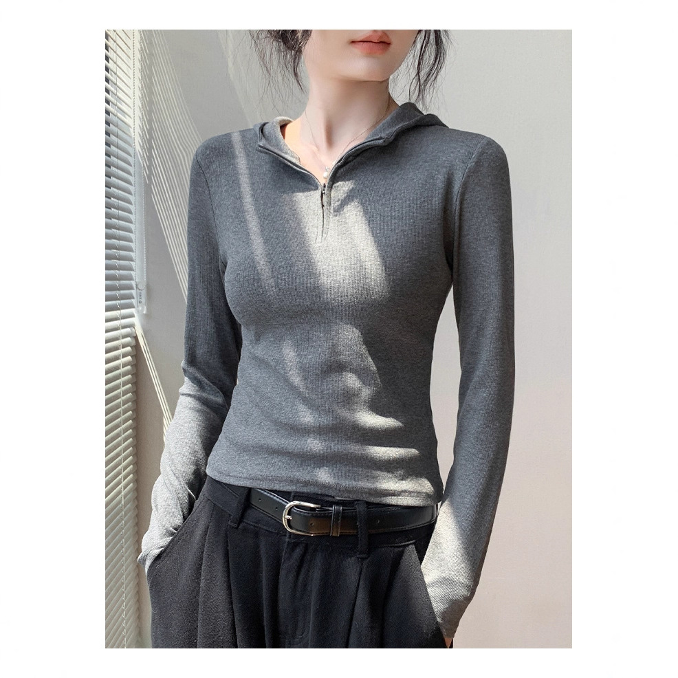 韩版拉链半开领长袖上衣T恤女2025秋新款流行修身连帽卫衣打底衫