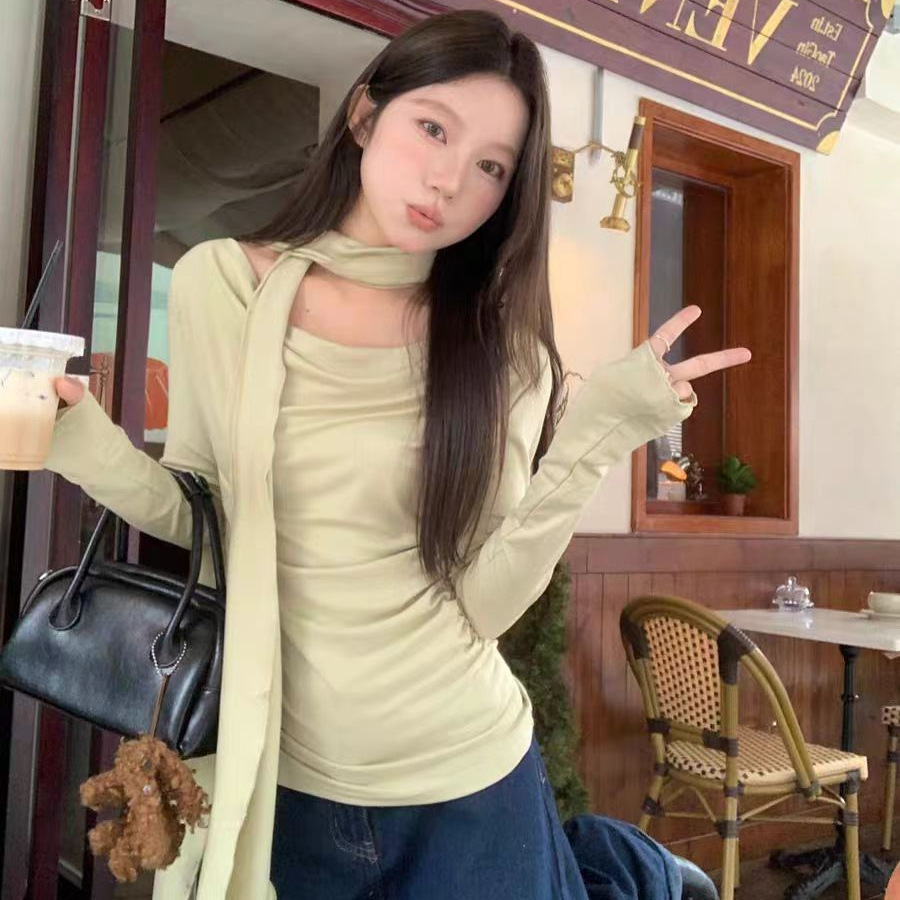 梅子熟了晕染风细飘带两穿荡领上衣女春设计感显瘦长袖打底衫