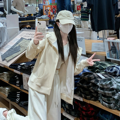 摇粒绒外套女2025新款秋冬款小个子连帽开衫加绒加厚卫衣修身内搭