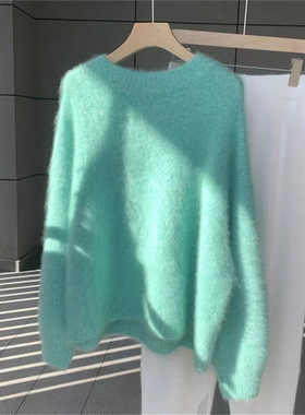 2024秋冬绿色毛绒绒加厚毛衣女秋冬宽松慵懒风奶fufu加厚冬季针织