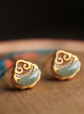 纯银古法金感翡翠如意耳钉女夏小众设计感古风耳饰耳环