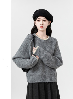 短款灰色毛衣女秋冬2024新款慵懒风加厚圆领内搭针织衫小个子上衣