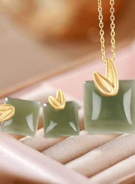 镀925银针白玉叶子小清新复古文艺时尚个性玉石套装项链耳钉吊坠