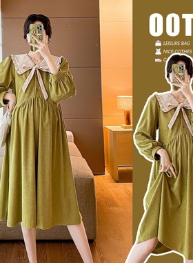 网红孕妇装娃娃领孕妇连衣裙哺乳裙韩版宽松孕妇裙绿色