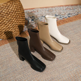 新款方头皮靴网红时装靴瘦瘦靴方头粗跟靴英伦风粗跟短款踝靴