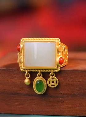 古风流苏方形白玉戒指女民族风镀金镶嵌玉石开口指环个性百搭方戒