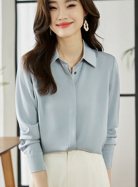 实拍2024秋灰蓝色缎面衬衫女长袖秋百搭暗门襟复古港风垂感通勤轻