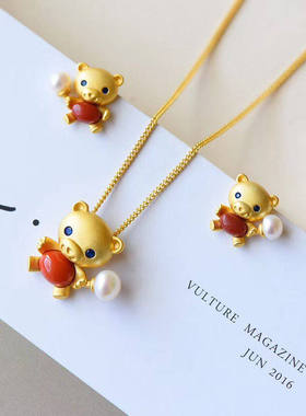 镀S925银沙金项链超可爱小熊仿南红珍珠挂坠女项坠吊坠情侣套装