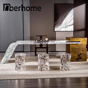 茶桌透明水晶非环氧树脂岛台轻奢中式 茶台家用别墅异形桌椅组合